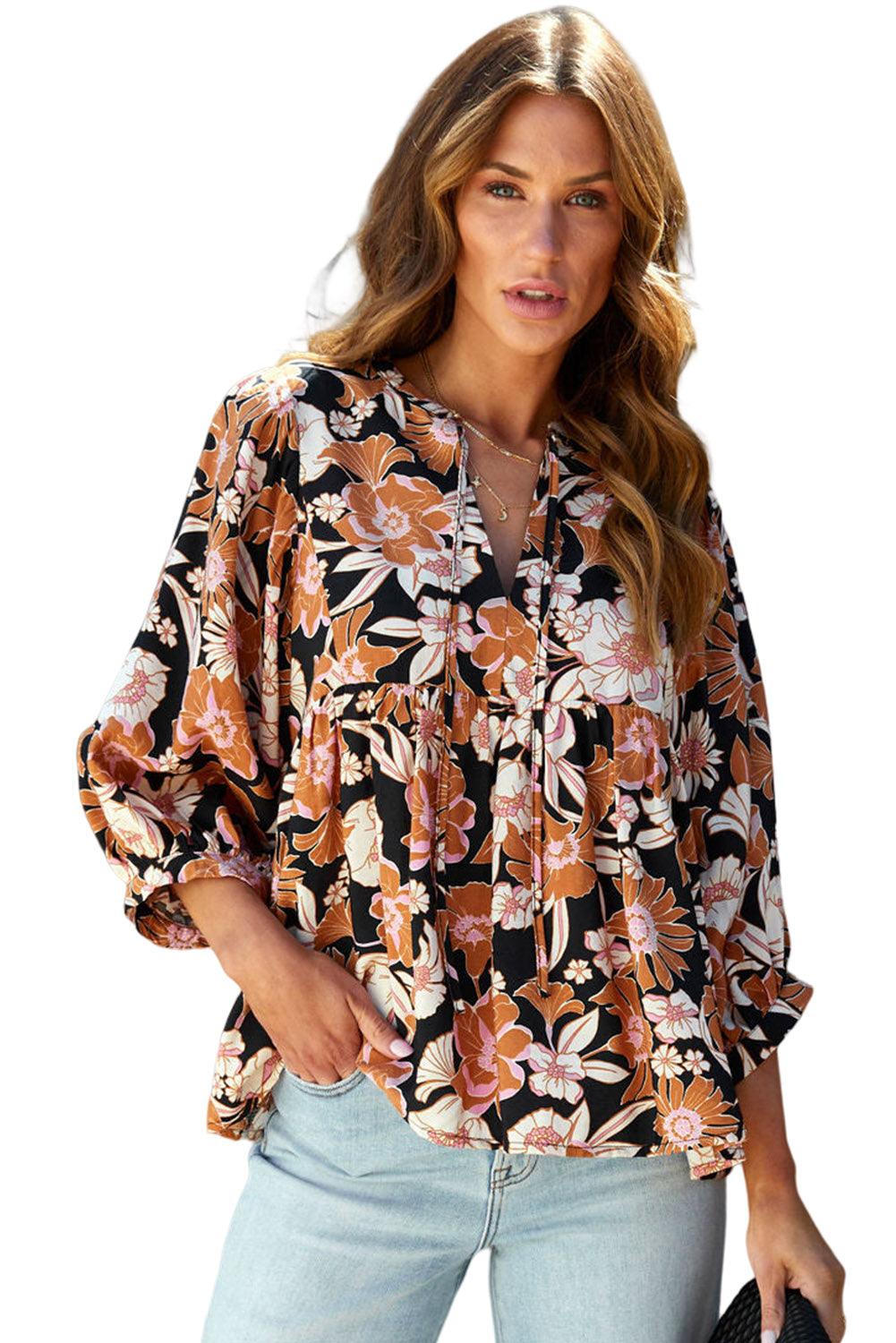 Floral Print 3/4 Sleeve Babydoll Blouse - L & M Kee, LLC