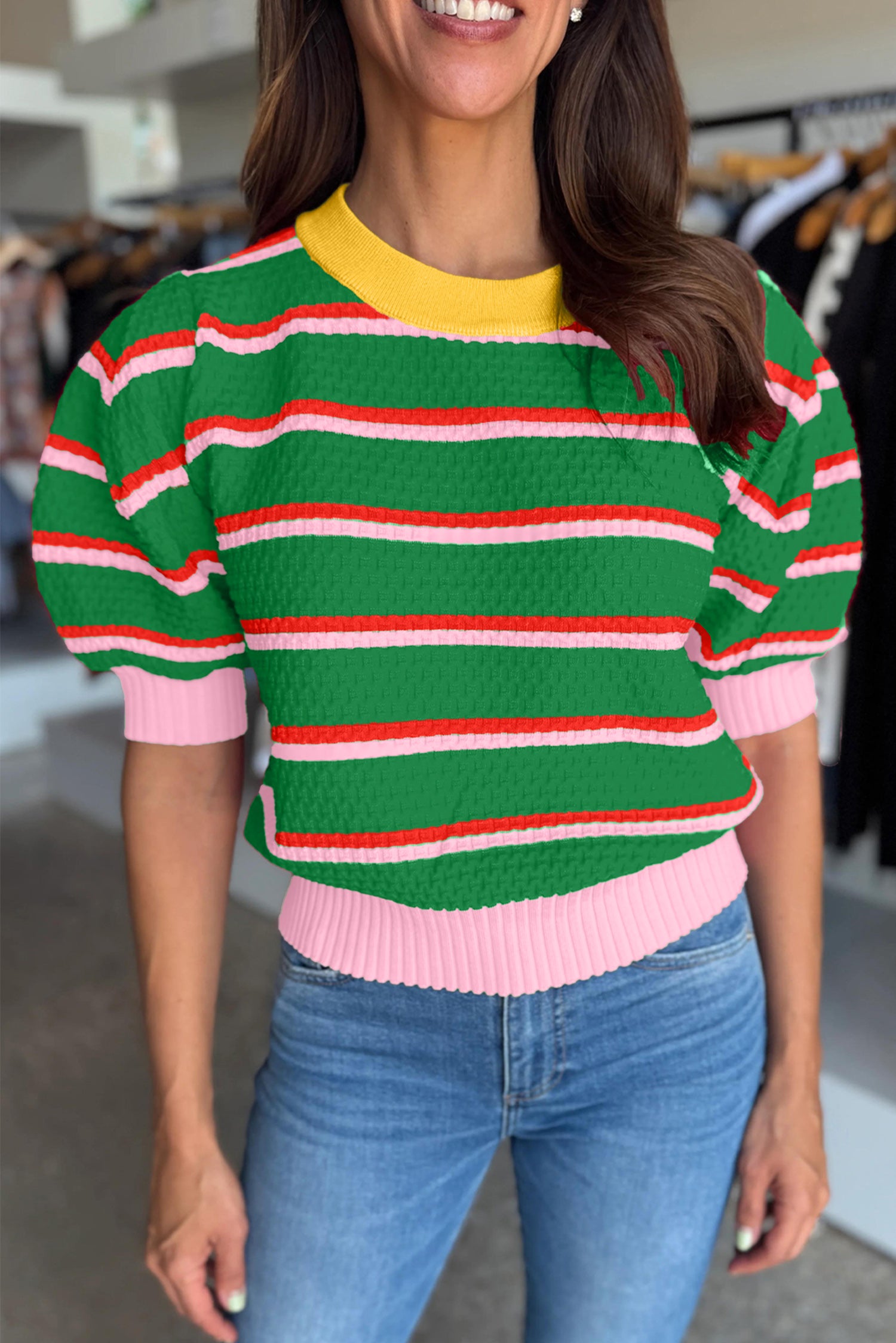 Red Stripe Colorblock Trim Half Sleeve Sweater Top