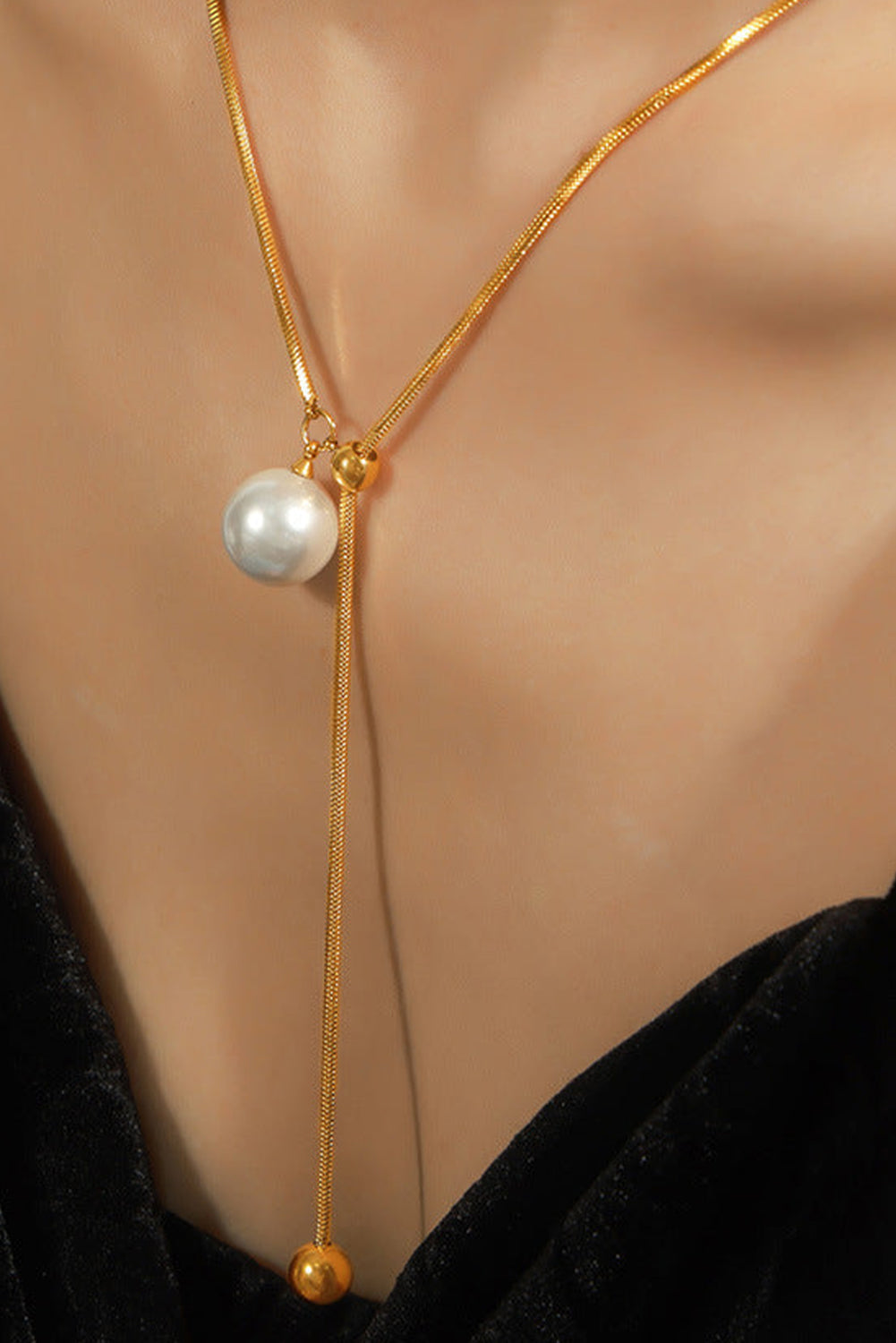 Gold Plated Pearl Beaded Y-Shape Necklace