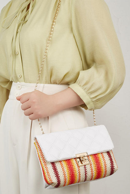 White Quilted Flap Printed Knit Chain Single Shoulder Bag - L & M Kee, LLC