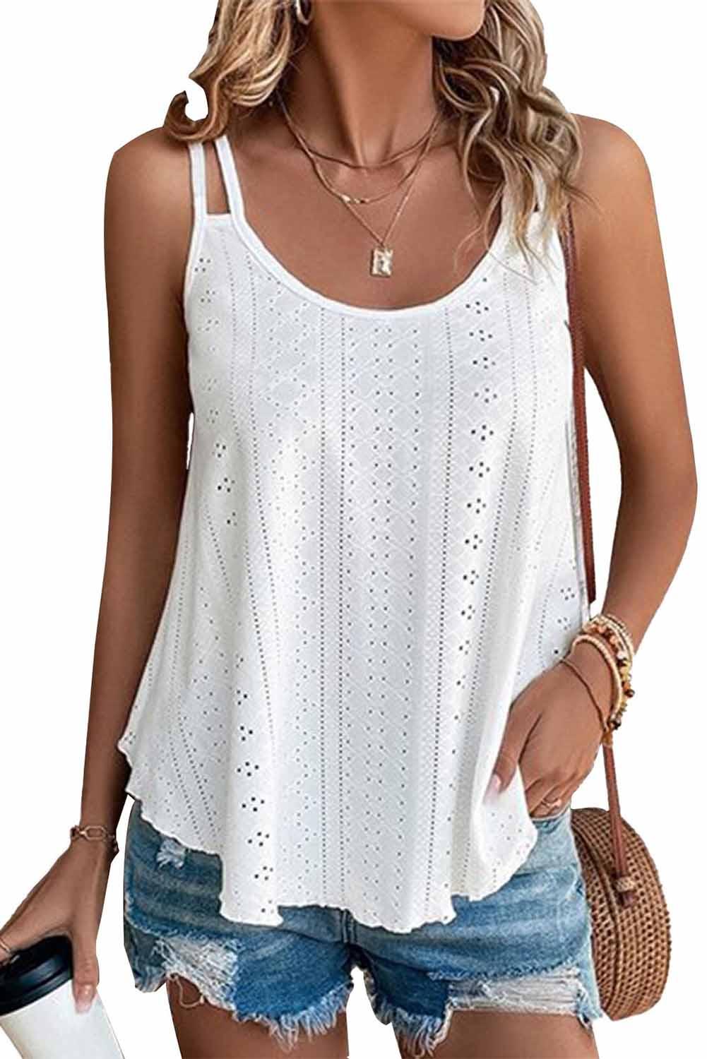 White Eyelet Strappy Scoop-Neck Tank Top - L & M Kee, LLC