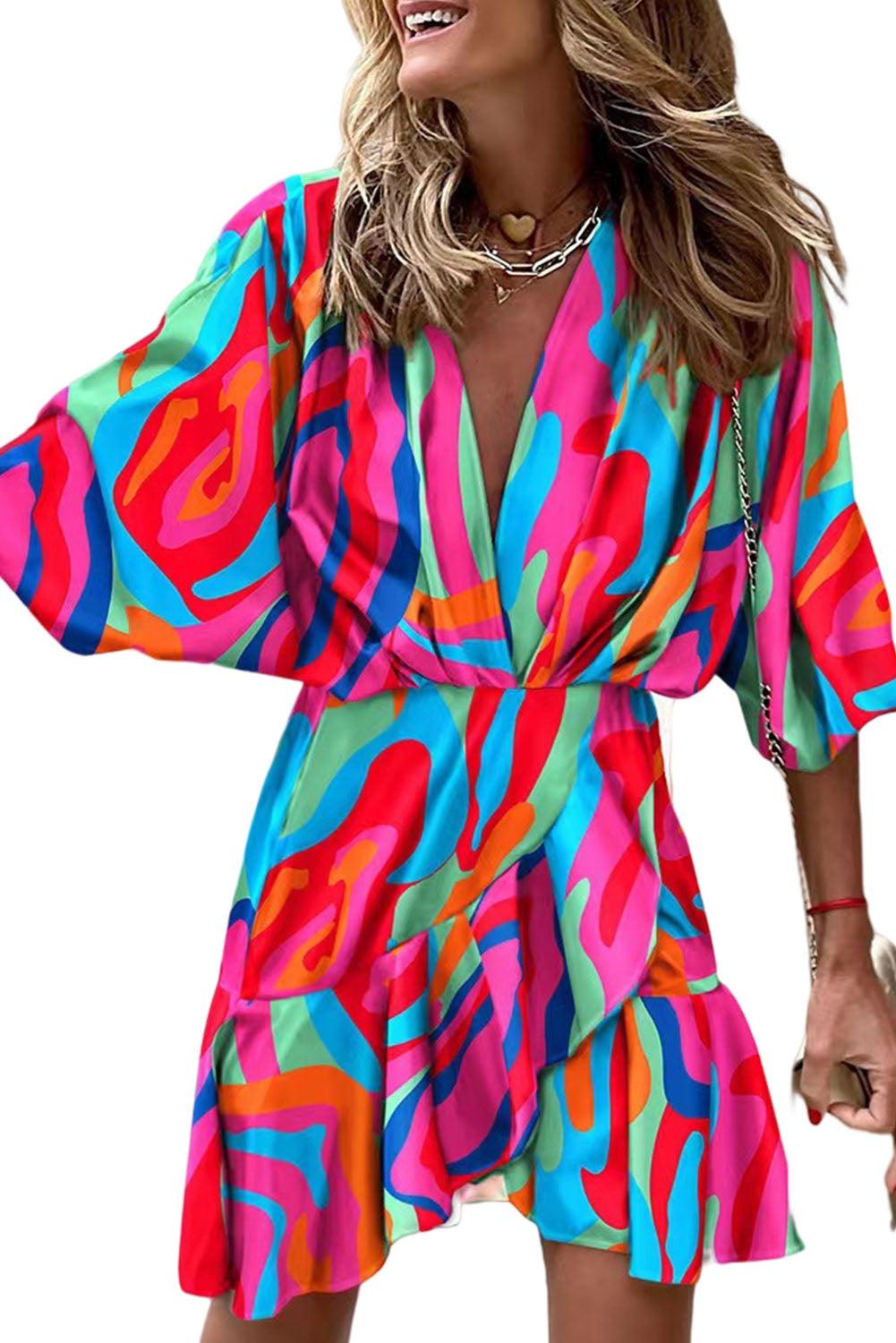 Multicolor Abstract/Zebra Printed V Neck Dolman Sleeve Ruffle Wrap Dress - L & M Kee, LLC