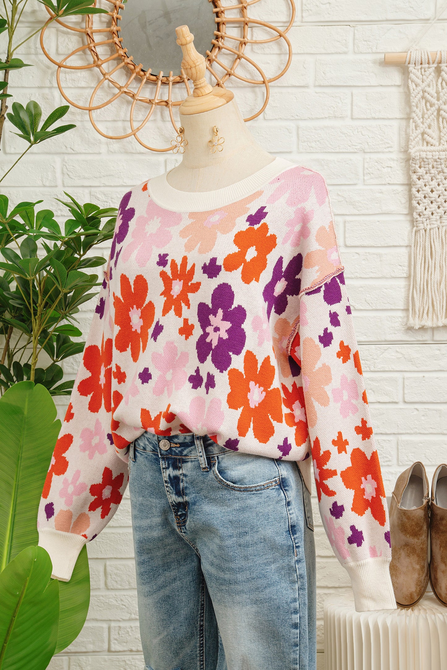 Khaki Fall Floral Pattern Drop Shoulder Sweater