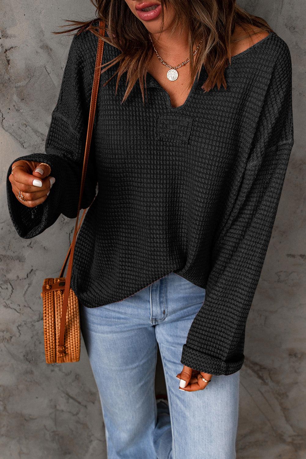 Black Waffle Knit Loose Long Sleeve Top - L & M Kee, LLC