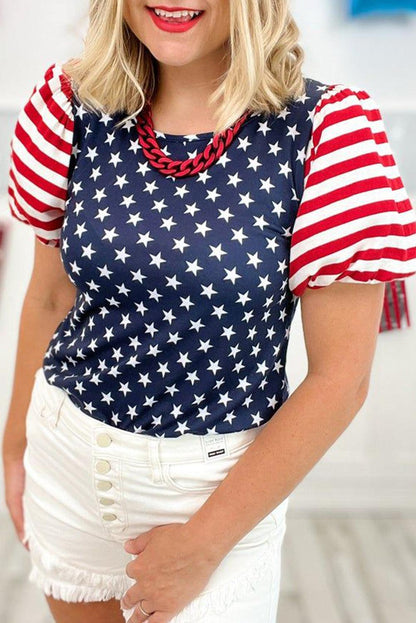 Navy Blue 4th Of July Stars Stripes Puff Sleeve T Shirt - L & M Kee, LLC