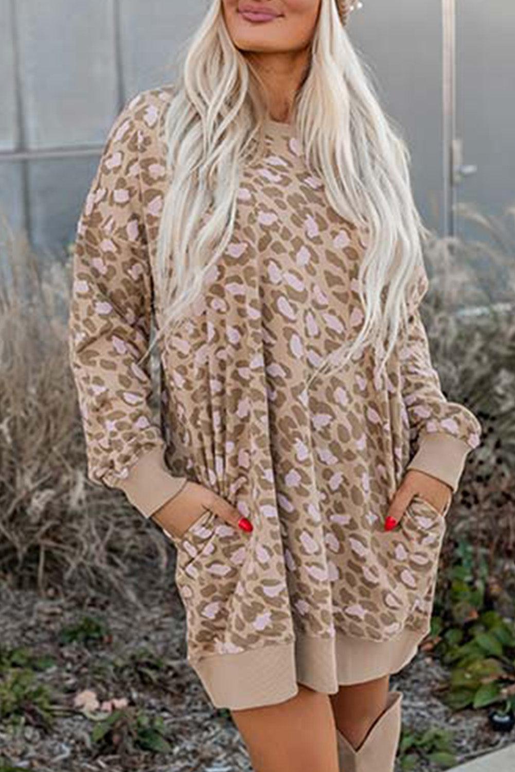 Parchment Leopard Print Side Pockets Long Sleeve Mini Dress - L & M Kee, LLC