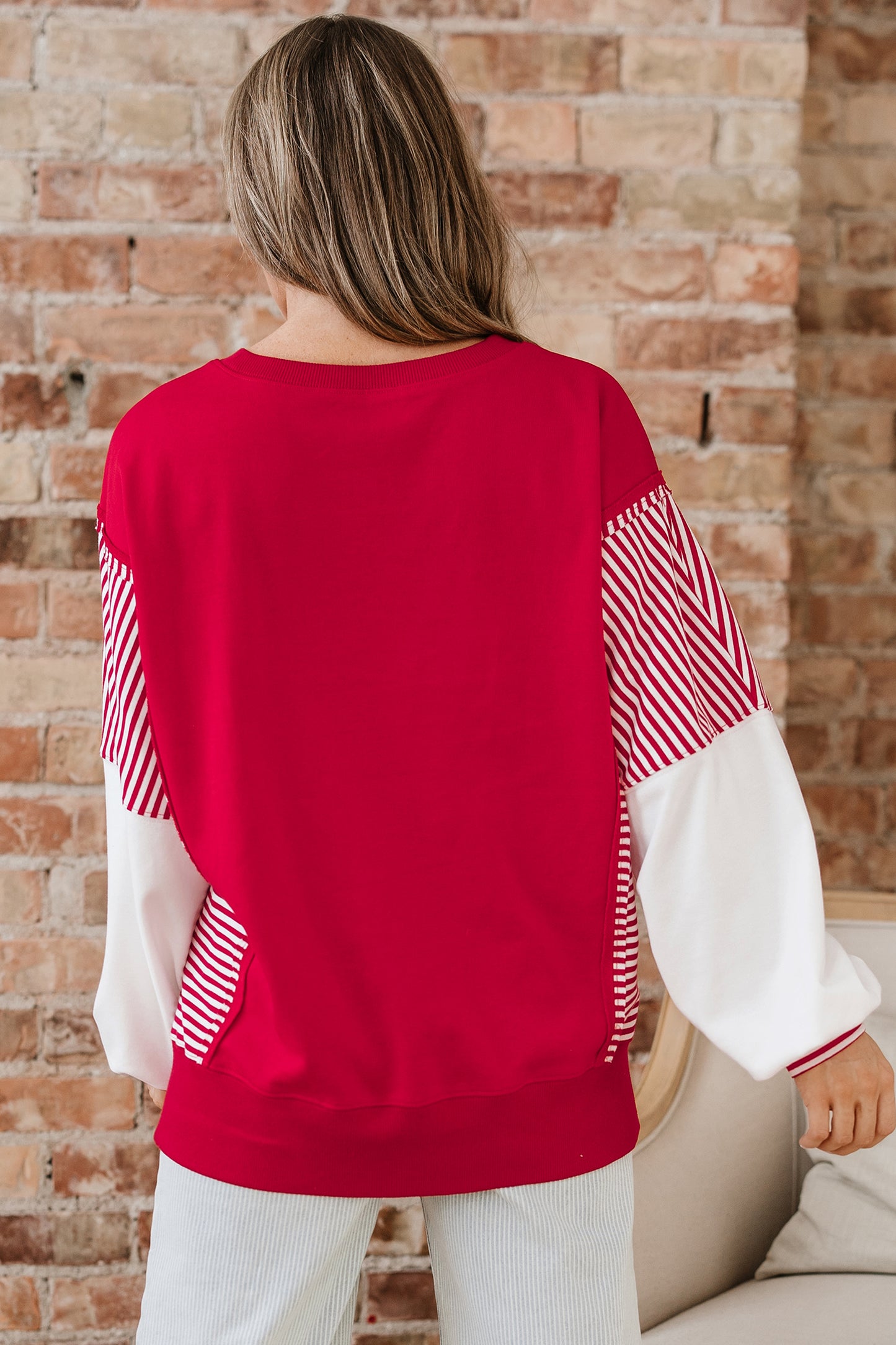 Fiery Red Striped Patchwork Sleeve Colorblock Sweatshirt