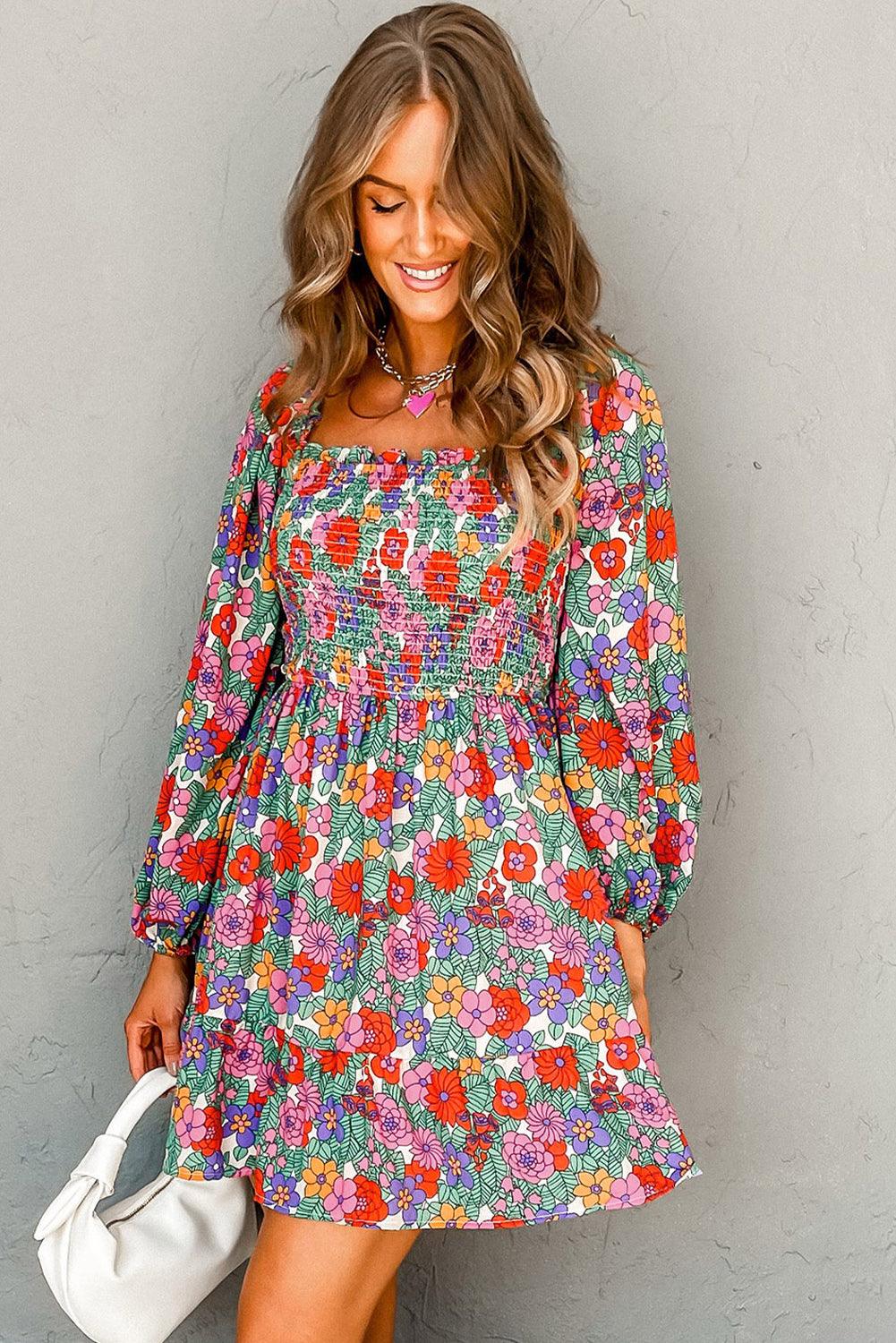 Floral Smocked Bust Square Neck Ruffled Dress - L & M Kee, LLC