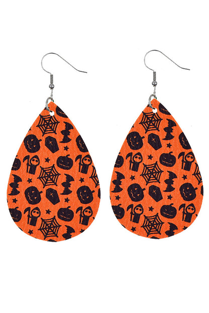 Orange Halloween Pumpkin Spider Web Bat Print Drop Earring