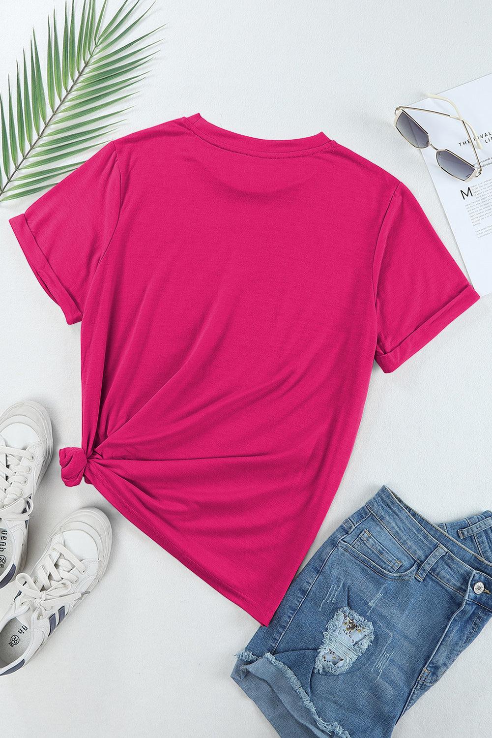 Rose Red Casual Plain Crew Neck Tee - L & M Kee, LLC