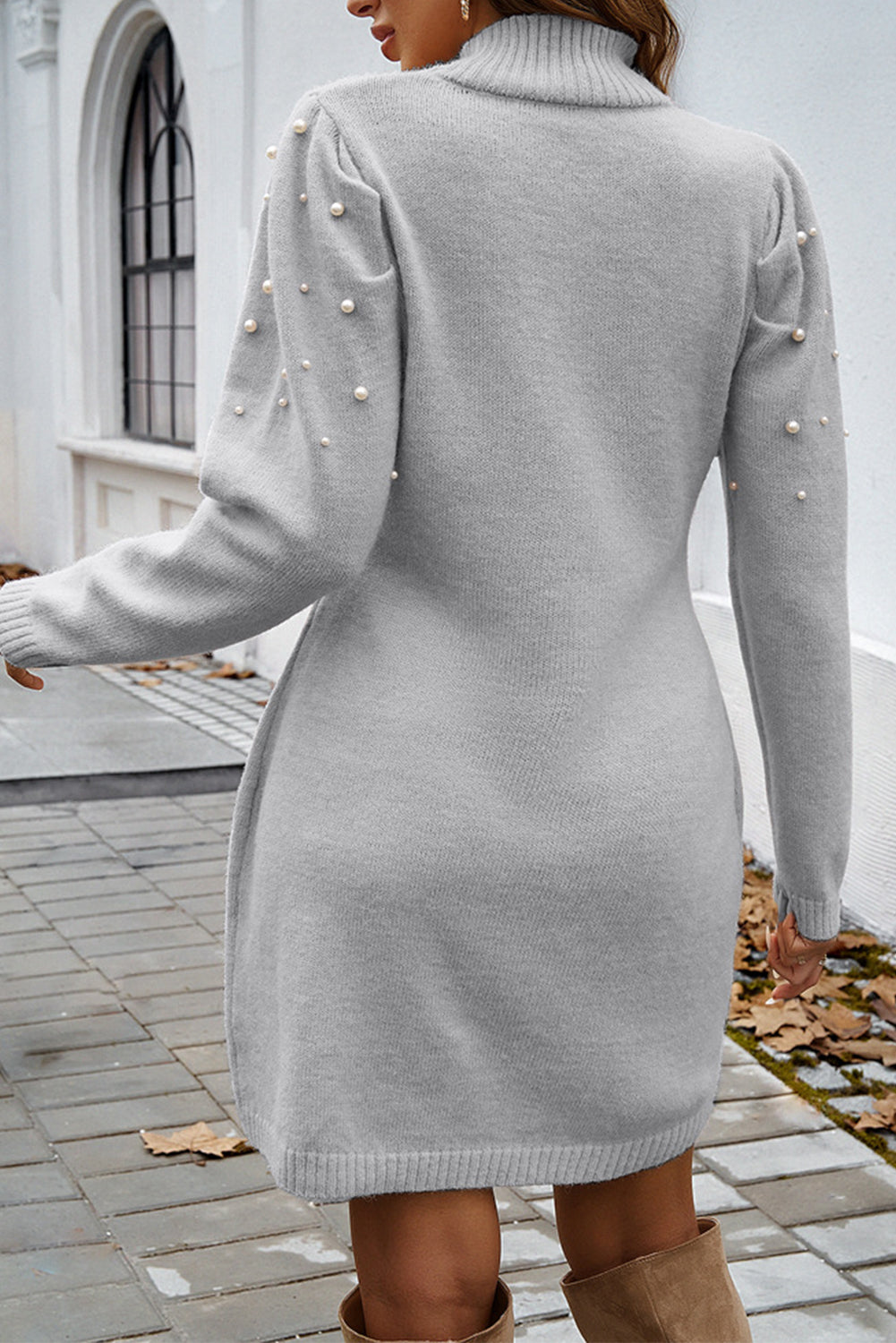 Gray Pearl Beaded High Neck Bodycon Sweater Dress