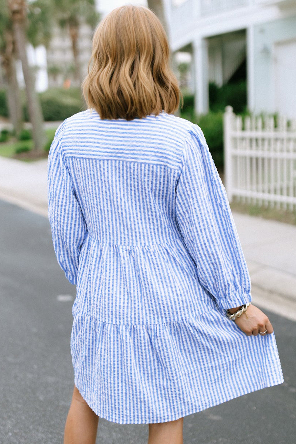 Sky Blue Stripe Seersucker Textured Notched Neck Long Puff Sleeve Tiered Curvy Dress