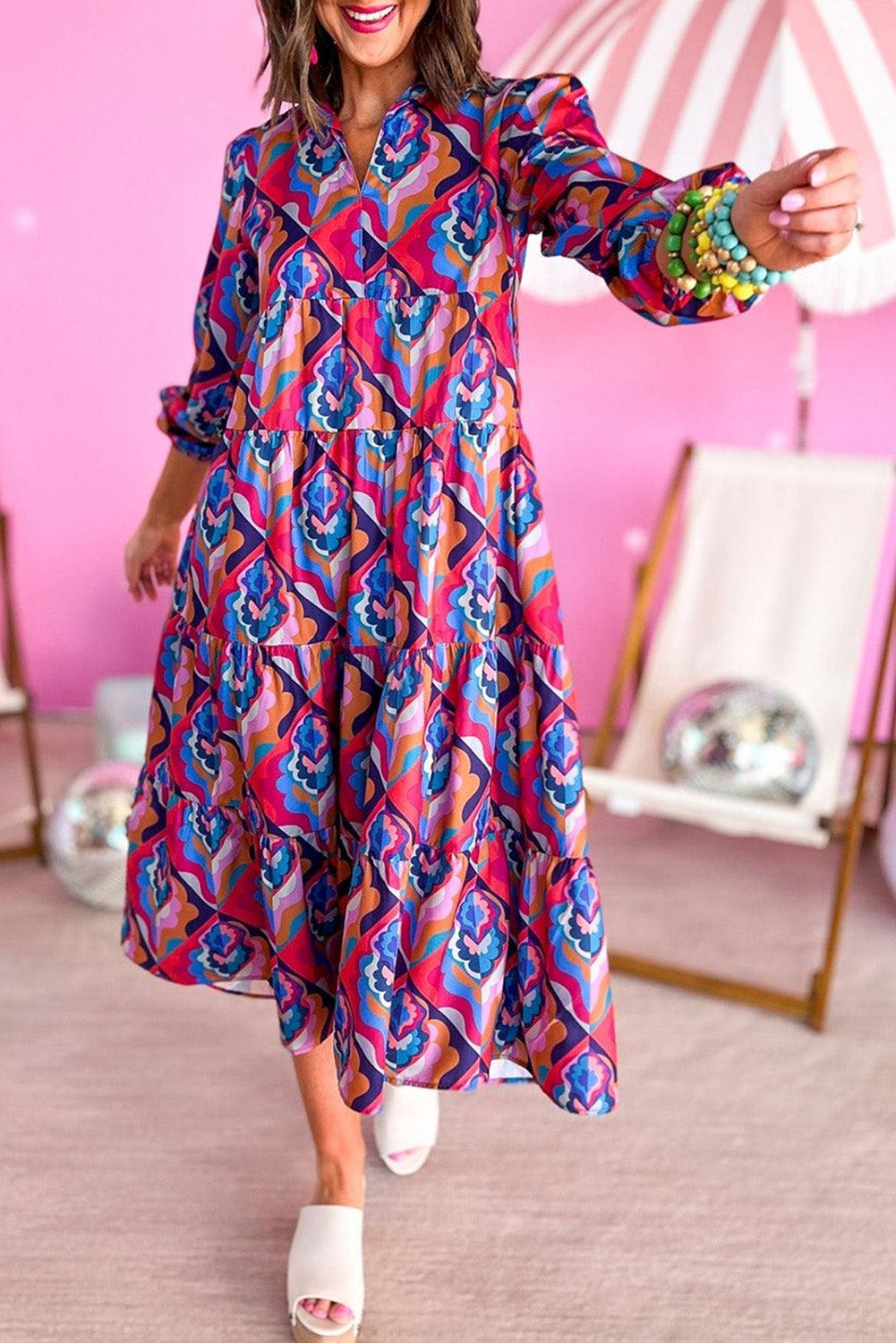 Multicolor Abstract Geometric Print Long Sleeve High Waist Dress - L & M Kee, LLC