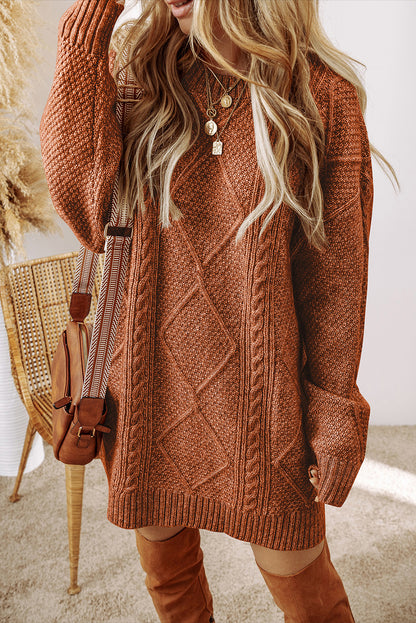 Oatmeal Cable Knit Drop Shoulder Loose Fit Sweater Dress