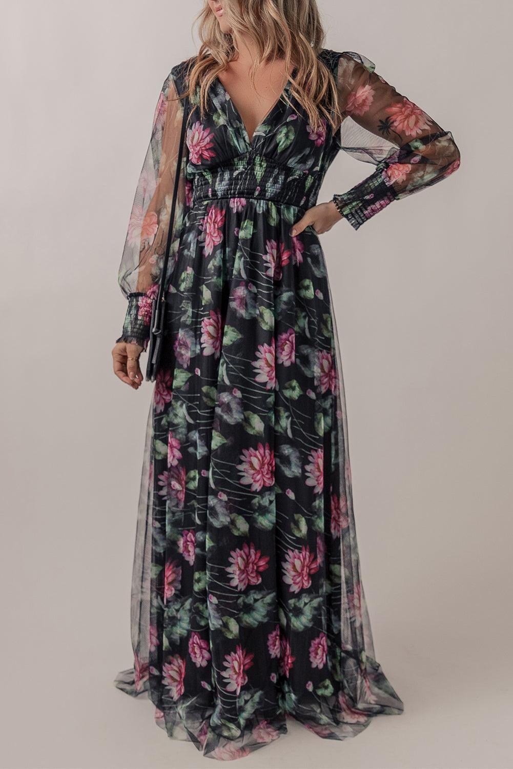 Black Mesh Sheer Shirred High Waist Floral Maxi Dress - L & M Kee, LLC