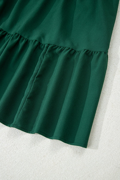 Blackish Green Solid Long Sleeve Button V Neck Tiered Maxi Dress