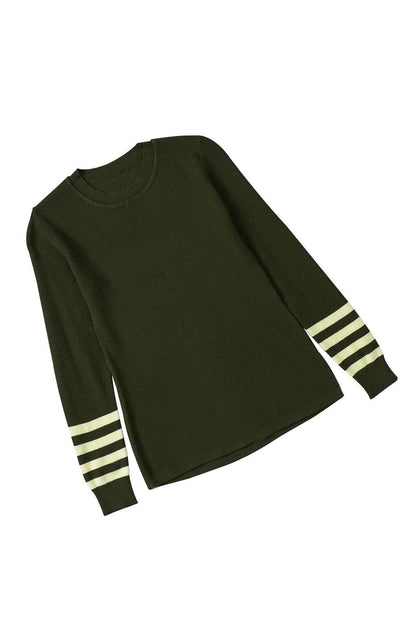 Red Striped Sleeve Plain Knit Sweater - L & M Kee, LLC