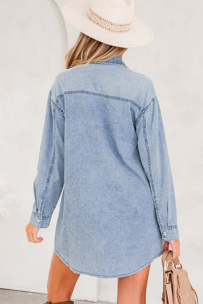 Blue Beau Chest Pocket Raw Hem Denim Loose Shirt Dress