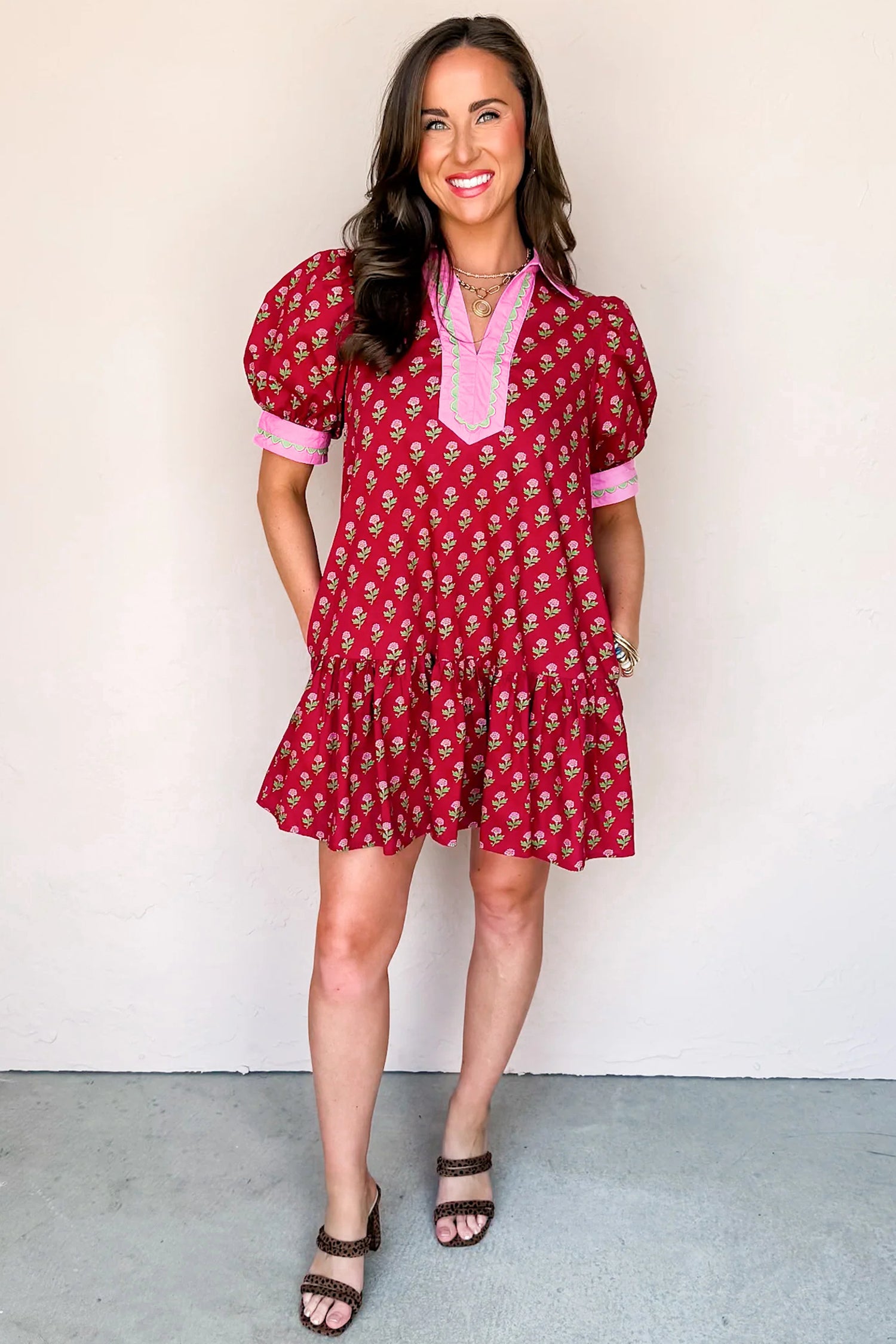 Red Floral Print Contrasted V Neck Short Bubble Sleeve Mini Dress