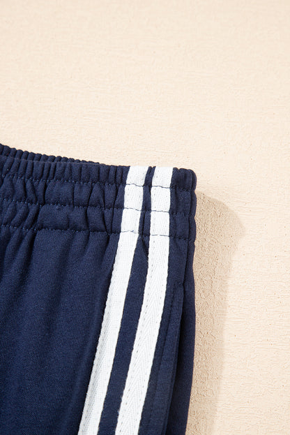 Dirty blue Varsity Striped Detail Crewneck Pullover Elastic Sweatpants 2pcs Outfit