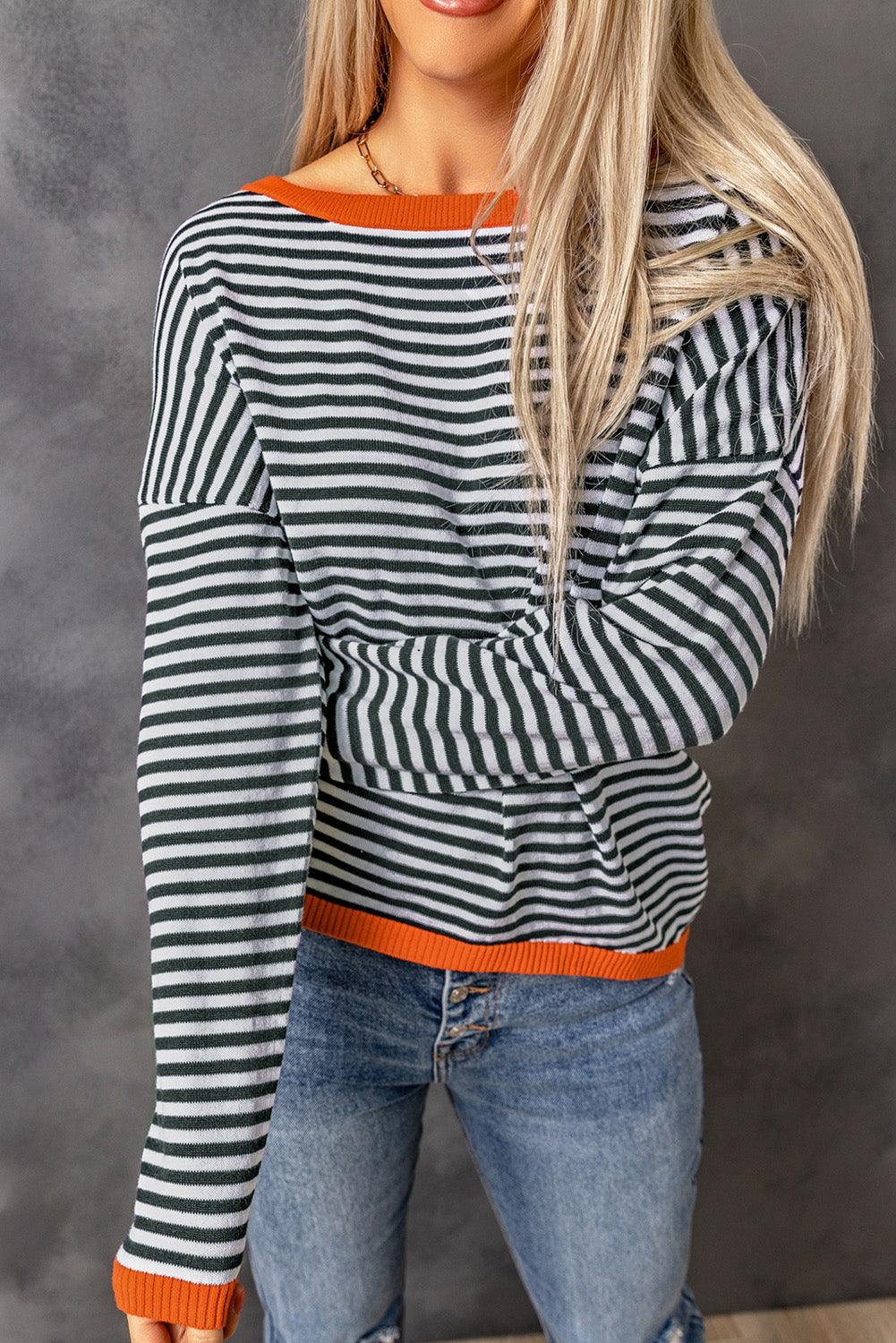 Brown Contrast Trimmed Striped Drop Shoulder Sweater - L & M Kee, LLC