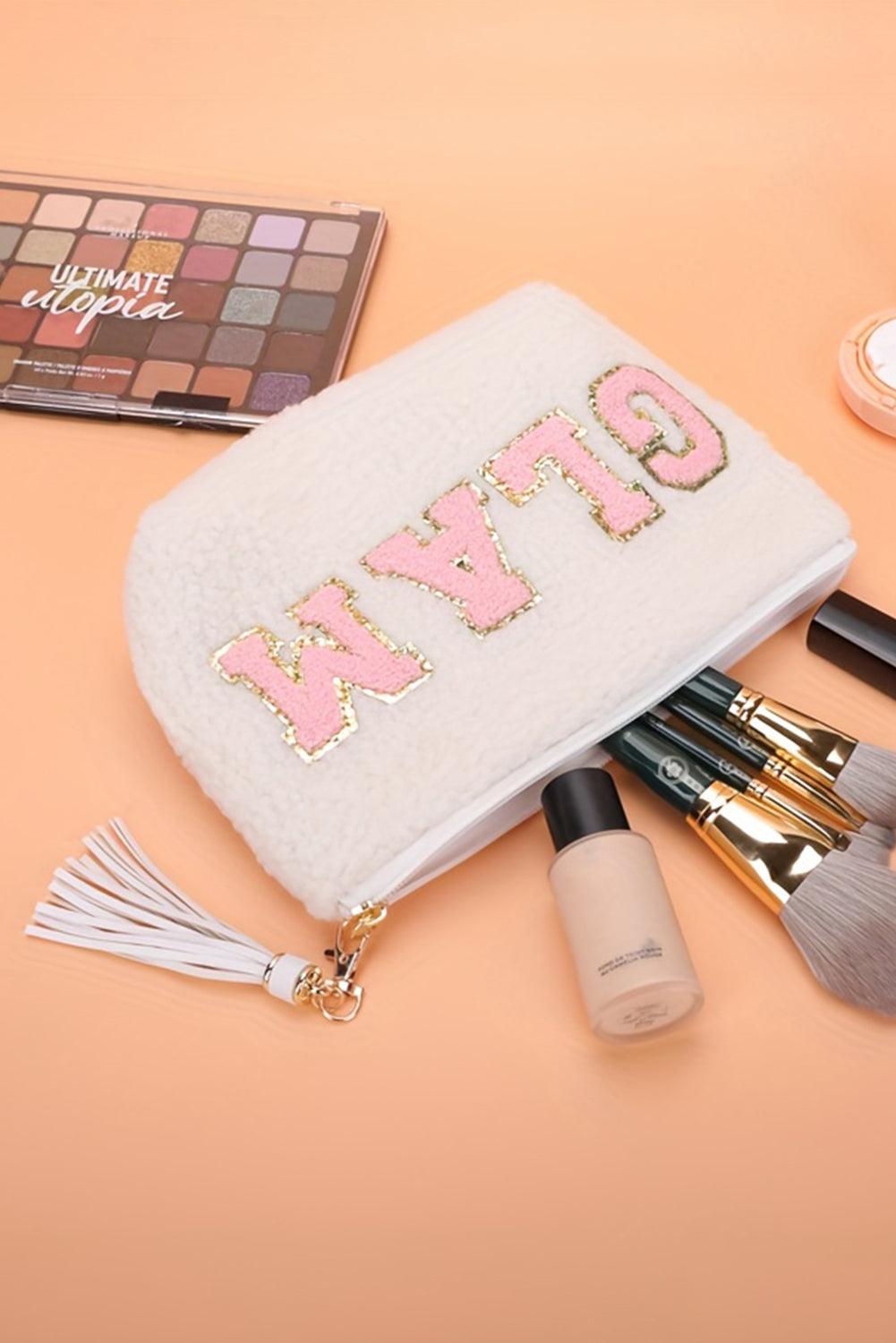 White Sparkle Letter Pattern Tassel Zipper Makeup Bag - L & M Kee, LLC