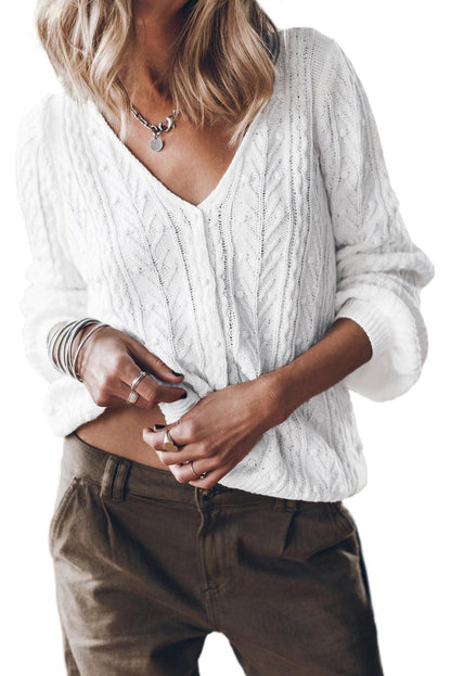 White Solid Cable Knit V-Neck Puff Sleeve Cardigan - L & M Kee, LLC