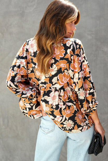 Floral Print 3/4 Sleeve Babydoll Blouse - L & M Kee, LLC