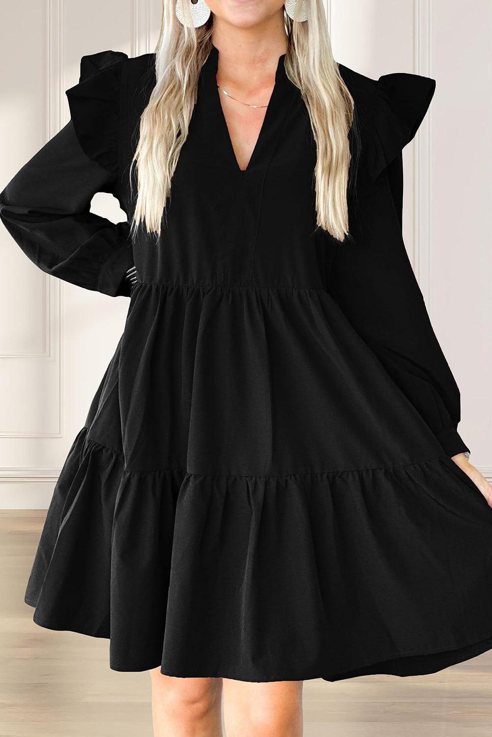 Black V Neck Tiered Ruffled Dress with Pockets - L & M Kee, LLC