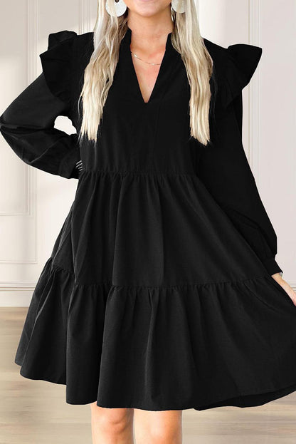 Black V Neck Tiered Ruffled Dress with Pockets - L & M Kee, LLC