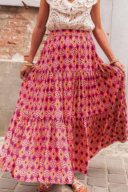 Rose Vintage Boho Floral Print Tiered Maxi Skirt - L & M Kee, LLC