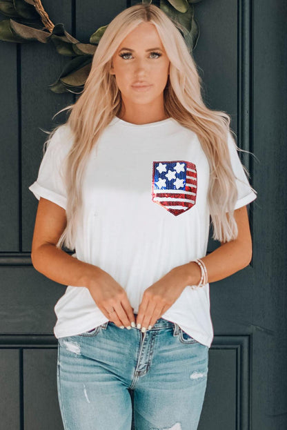 White American Flag Sequin Pocket Patched T Shirt - L & M Kee, LLC