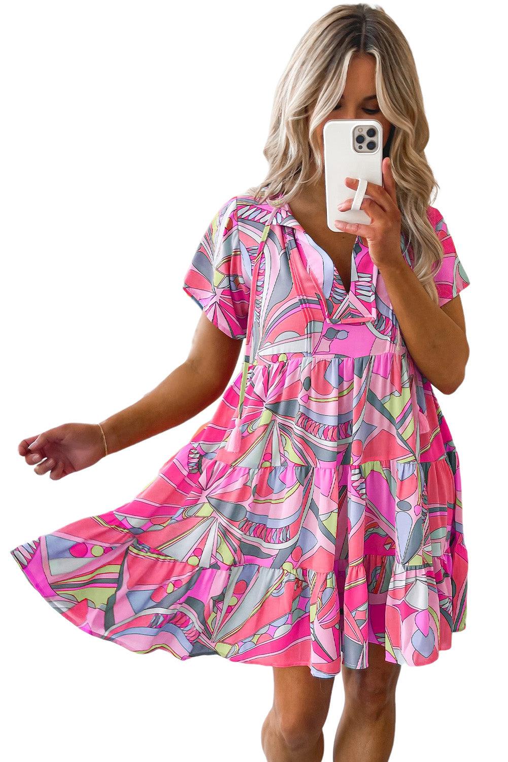 Multicolor Geometric Abstract Print Long Sleeve Shirt Dress - L & M Kee, LLC