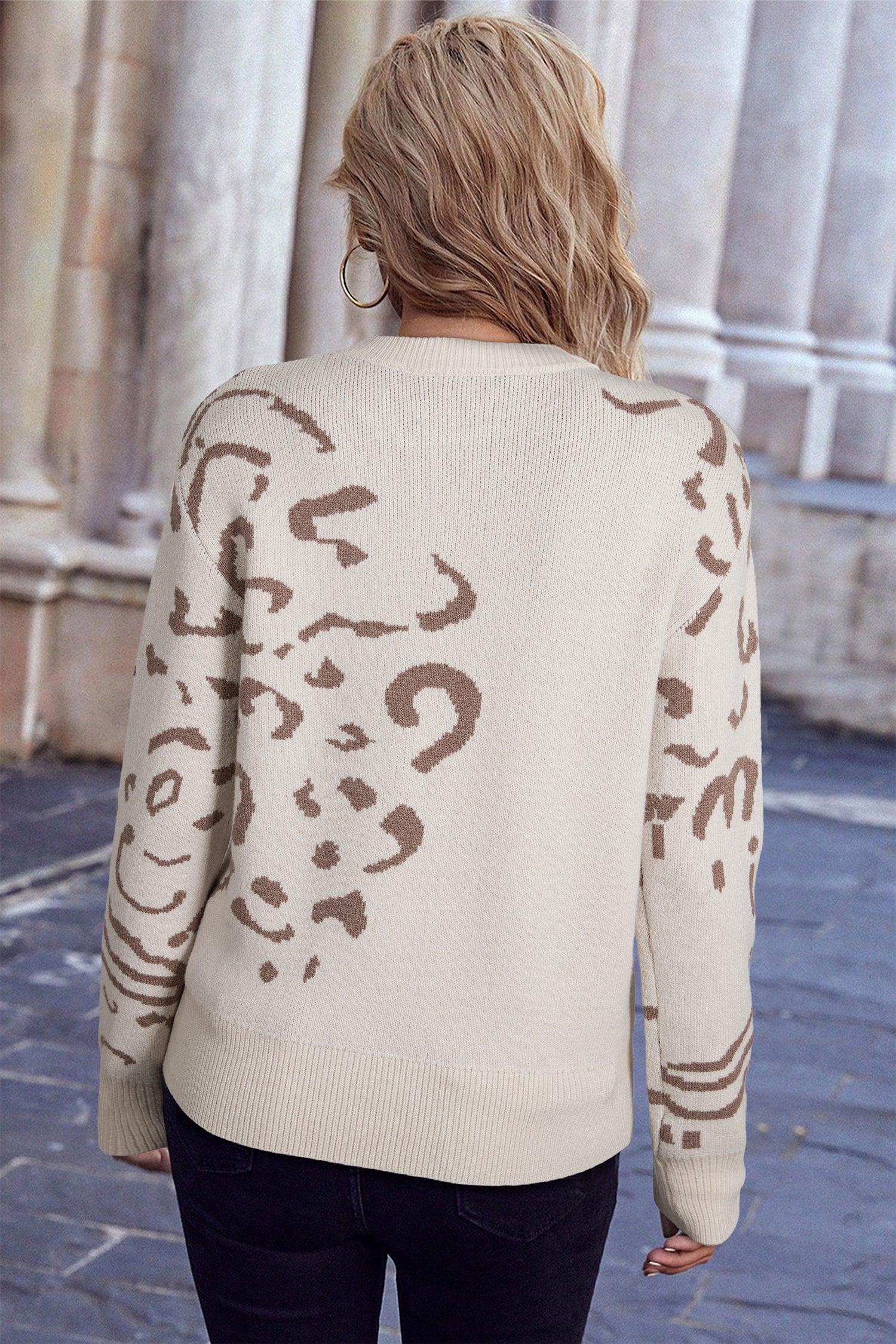 Beige Asymmetric Leopard Print Detail Drop Shoulder Sweater