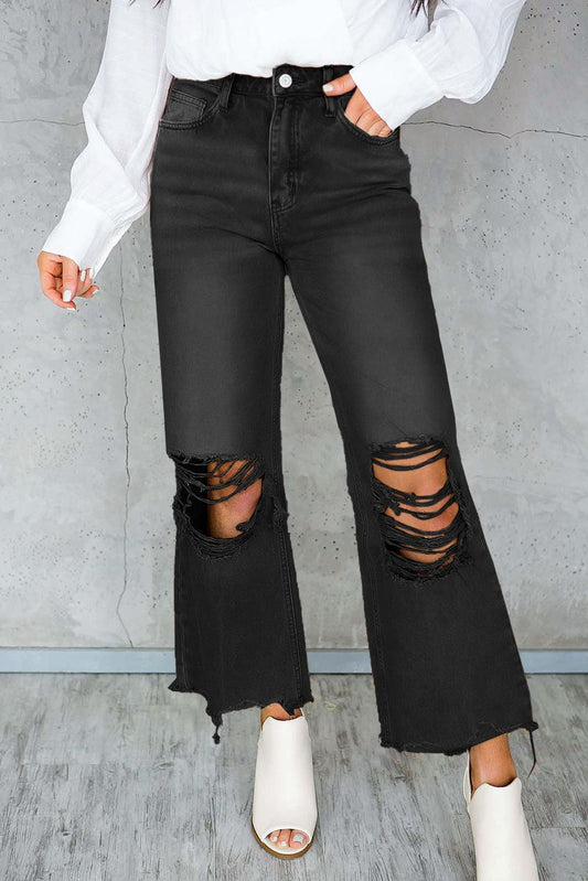 Black Distressed Hollow-out High Waist Cropped Flare Jeans - L & M Kee, LLC