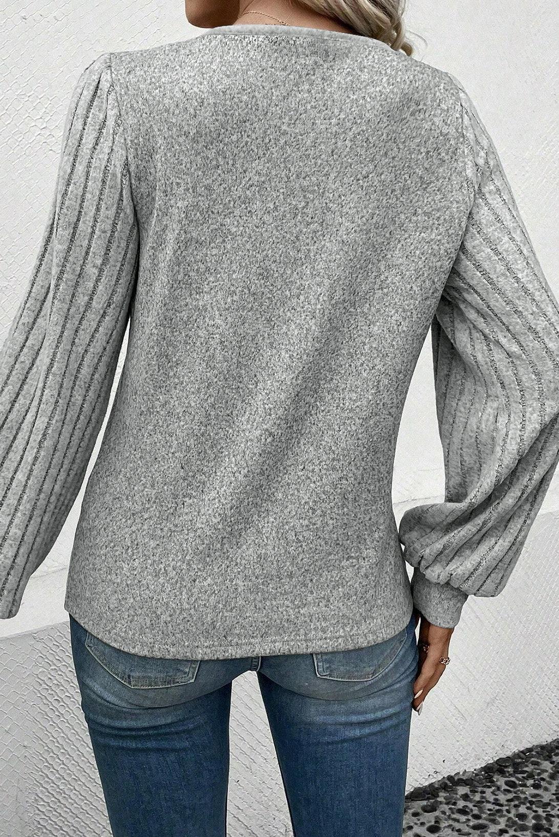 Gray Contrast Ribbed Bishop Sleeve Top - L & M Kee, LLC