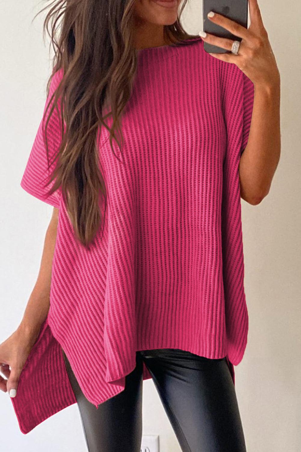 Rose Red Short Sleeve Side Slit Oversized Sweater - L & M Kee, LLC