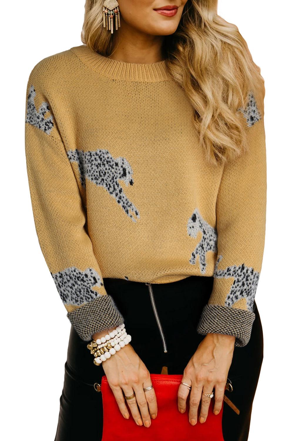 Camel Fuzzy Cheetah Accent Round Neck Sweater - L & M Kee, LLC