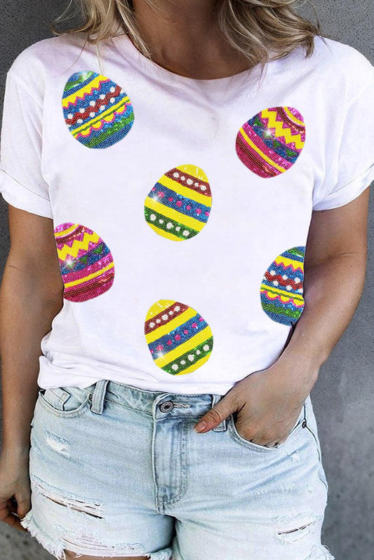 White Sequin Easter Egg Graphic Plus Size T Shirt - L & M Kee, LLC