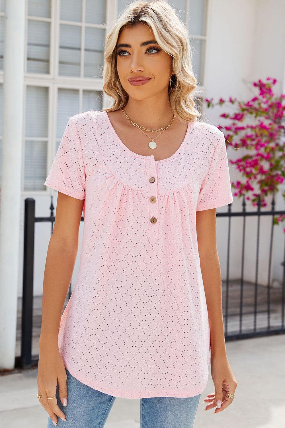 Light Pink Eyelet Short Sleeve Buttoned Round Neck Top - L & M Kee, LLC