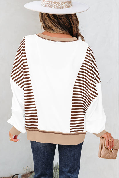 Brown Stripe Colorblock Patchwork Contrast Stitching Oversize Sweatshirt