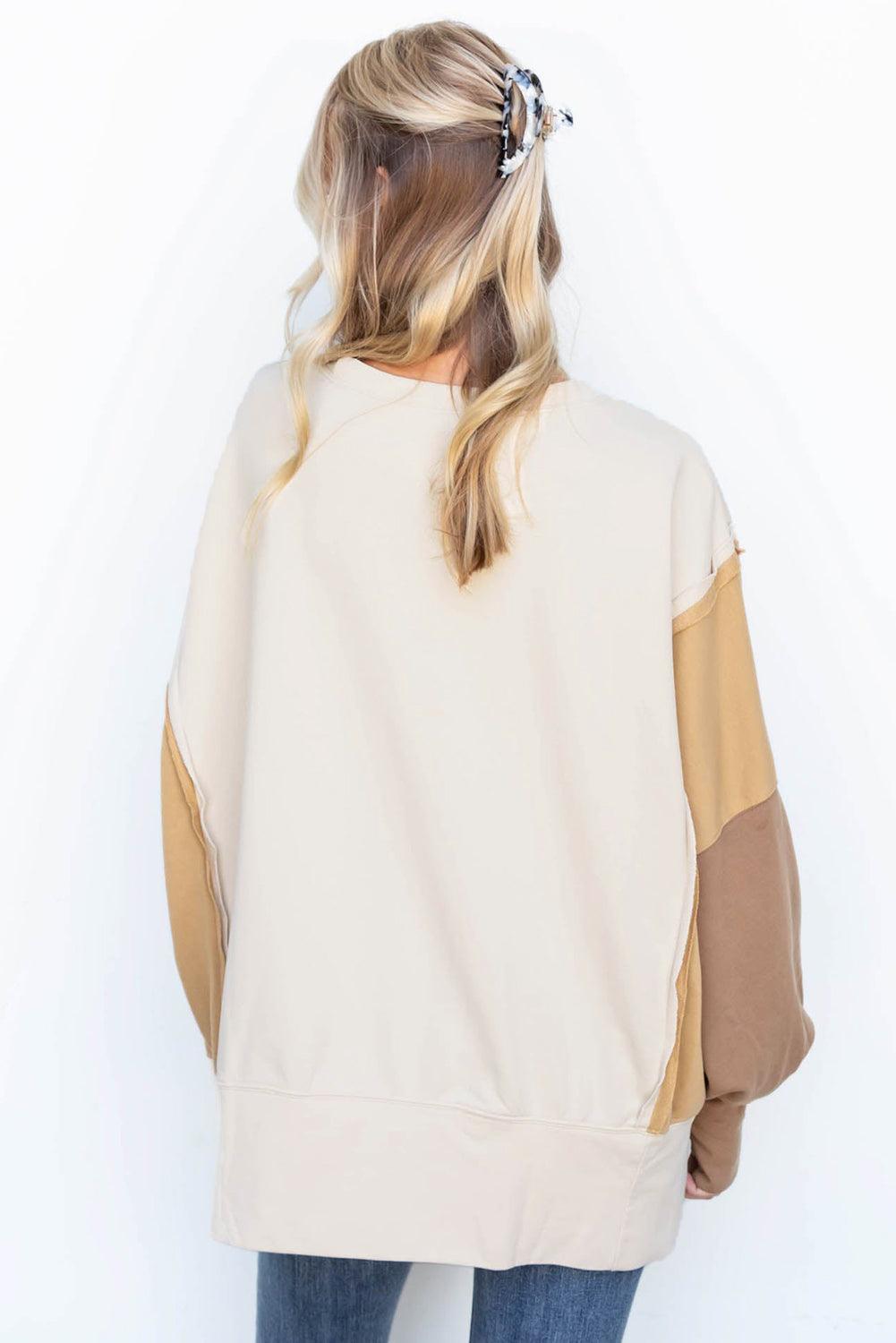 Khaki Color Block Sleeve Patchwork Oversized Sweatshirt - L & M Kee, LLC