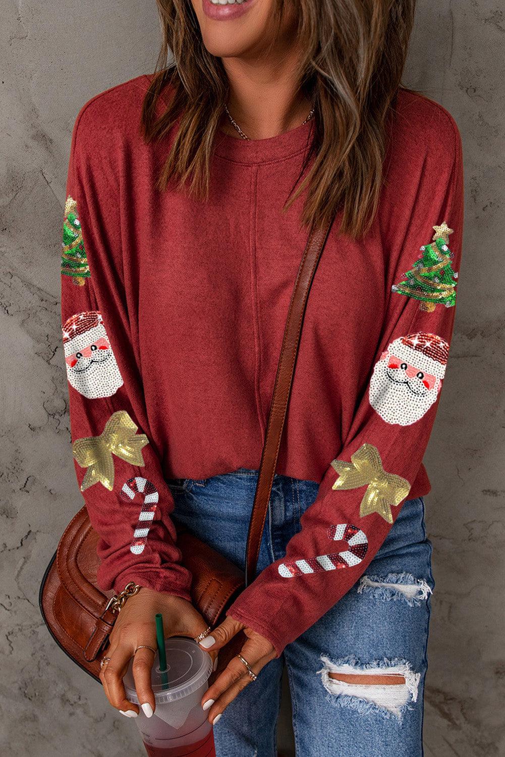 Red Sequined Christmas Favor Sleeve Casual Pullover - L & M Kee, LLC
