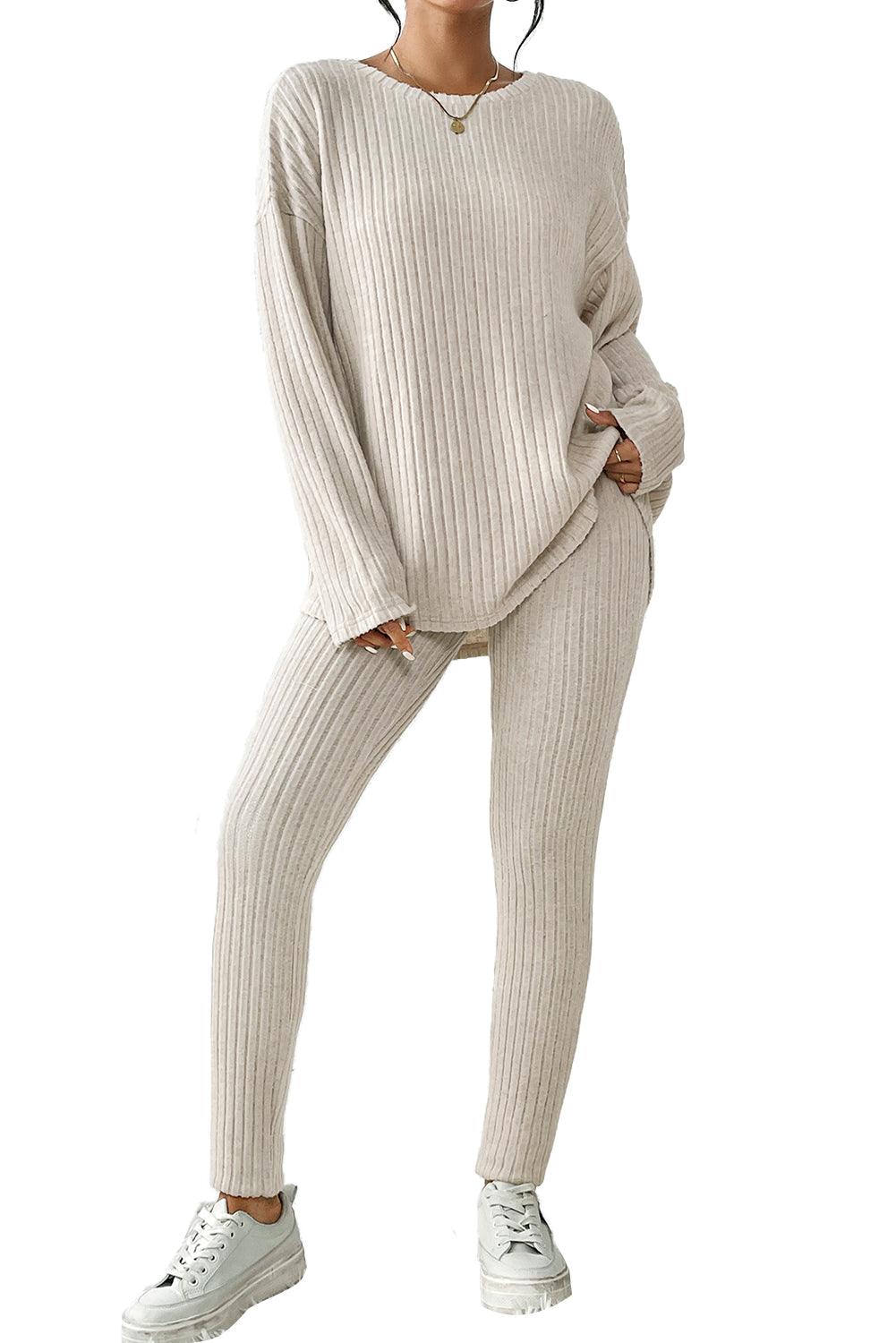 Khaki Ribbed Knit Bell Sleeve Crop Top Drawstring Pants Set - L & M Kee, LLC