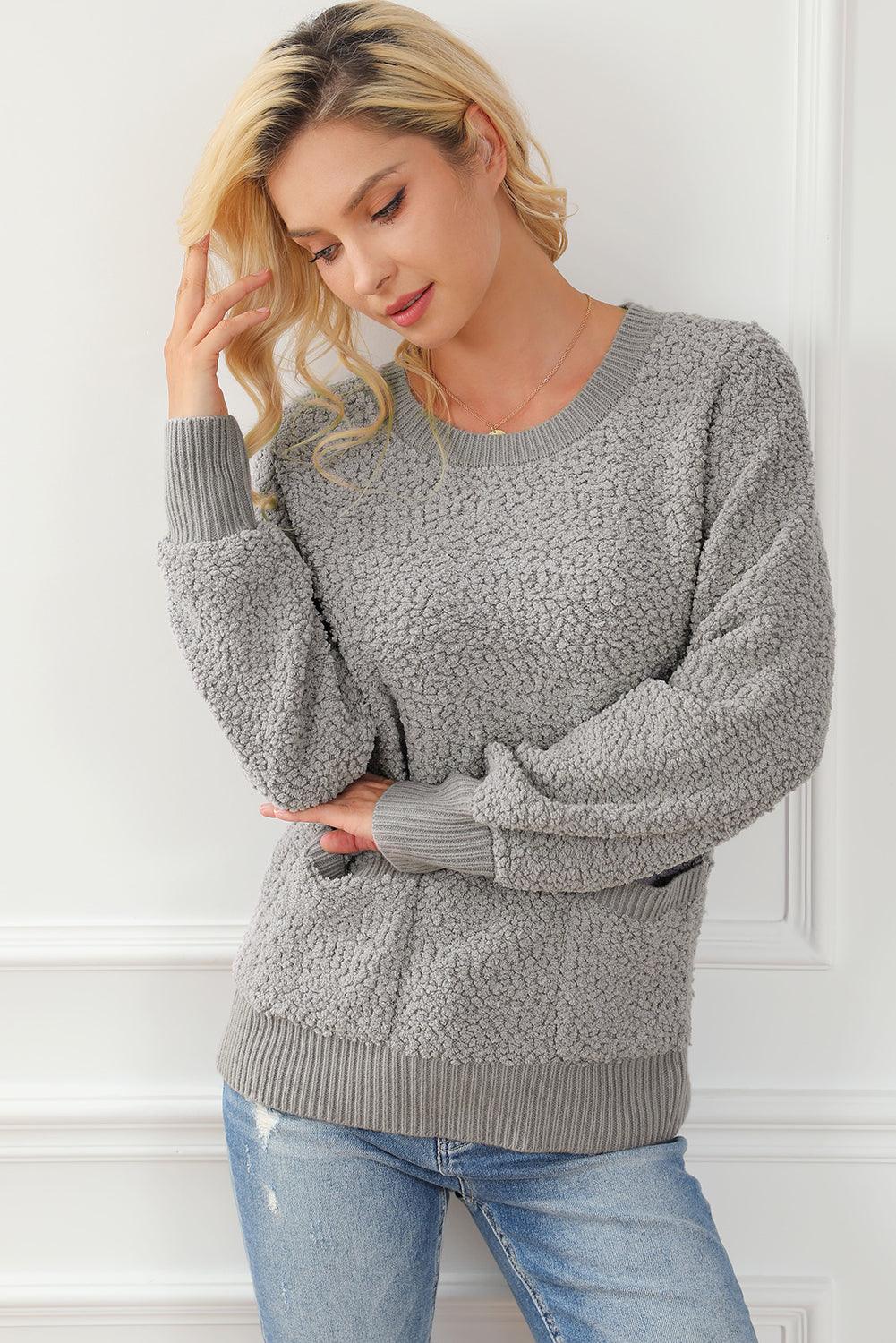 Gray Double Pockets Ribbed Trim Popcorn Knit Sweater - L & M Kee, LLC