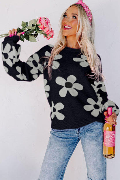 Rose Big Flower Knit Ribbed Trim Sweater - L & M Kee, LLC