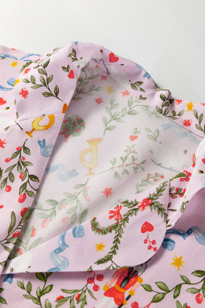 Pink Christmas Holiday Print Nutcracker Long Sleeve Shorts 2pcs Pajama Set