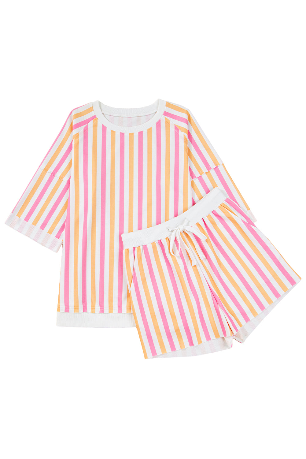 Pink Stripe Drop Shoulder Half Sleeve Loose Tee and Shorts Casual Set