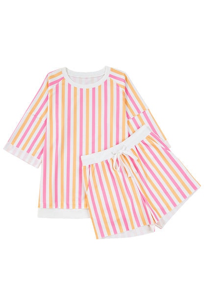 Pink Stripe Drop Shoulder Half Sleeve Loose Tee and Shorts Casual Set