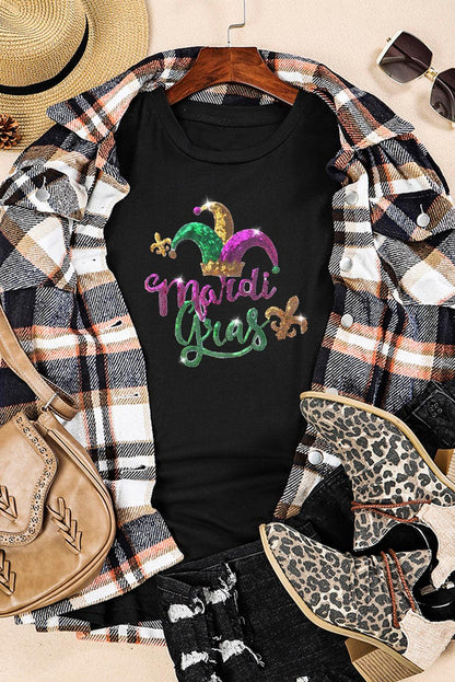 Black Mardi Gras Sequin Pattern Crew Neck T Shirt - L & M Kee, LLC